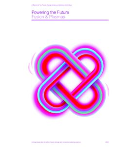 Cover for Fusion Energy Sciences Advisory Committee Report 2020. White background with purple text and vibrant illustration of two links interlocking as an "X."