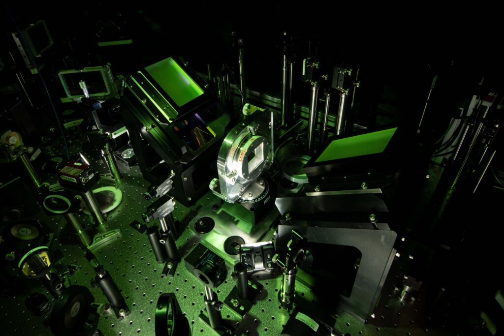 An optical parametric amplification (OPA) stage on the MTW-OPAL laser at LLE. NSF OPAL will extend the technologies demonstrated on MTW-OPAL to multi-petawatt scale.